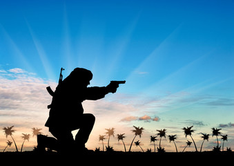 Fototapeta na wymiar Silhouette of man with gun against cloudy sky during sunset