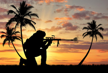 Silhouette of man with rifle against cloudy sky during sunset