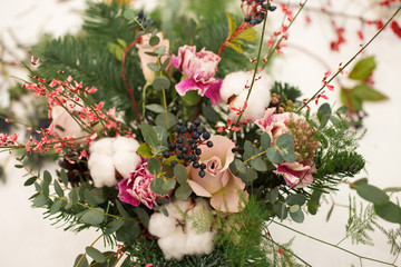 Creating a wonderful composition cotton, cones, fir, magical variety carnations and delicious varieties of roses. Handmade