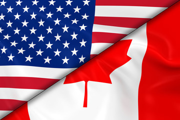 Flags of the USA and Canada Divided Diagonally - 3D Render of th
