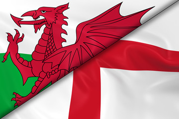 Flags of Wales and England Divided Diagonally - 3D Render of the