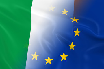 Irish and European Relations Concept Image - Flags of Ireland and the European Union Fading Together