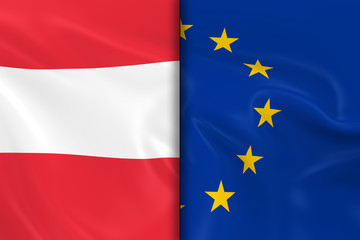 Flags of Austria and the European Union Split Down the Middle - 3D Render of the Austrian Flag and EU Flag with Silky Texture