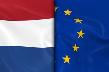 Flags of the Netherlands and the European Union Split Down the Middle - 3D Render of the Dutch Flag and EU Flag with Silky Texture