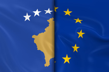 Flags of Kosovo and the European Union Split Down the Middle - 3D Render of the Kosovan Flag and EU Flag with Silky Texture