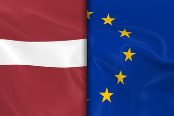 Flags of Latvia and the European Union Split Down the Middle - 3D Render of the Latvian Flag and EU Flag with Silky Texture
