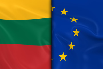 Flags of Lithuania and the European Union Split Down the Middle - 3D Render of the Lithuanian Flag and EU Flag with Silky Texture