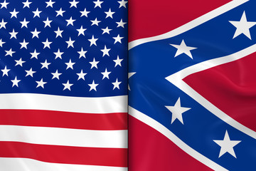 Flags of the USA and the Confederacy Split Down the Middle - 3D