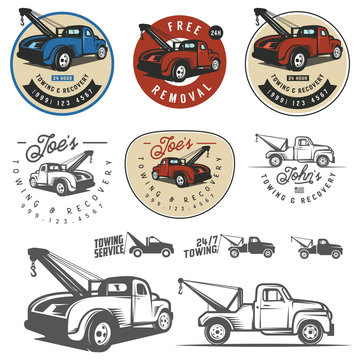 Vintage car tow truck emblems, labels and design elements