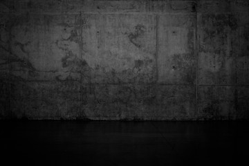Grungy dark concrete wall and wet floor