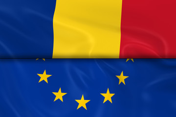 Flags of Romania and the European Union Split in Half - 3D Render of the Romanian Flag and EU Flag with Silky Texture