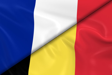 Flags of France and Belgium Divided Diagonally - 3D Render of th