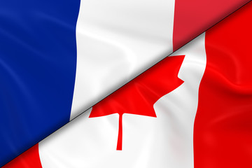 Flags of France and Canada Divided Diagonally - 3D Render of the