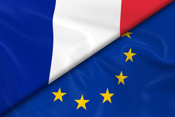 Flags of France and the European Union Divided Diagonally - 3D Render of the French Flag and EU Flag with Silky Texture