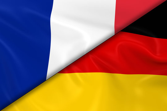 Flags of France and Germany Divided Diagonally - 3D Render of th