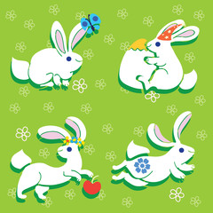 Easter rabbit playing on green lawn. Vector white rabbit in birthday hat have Easter egg / wear flowers wreath / butterfly on ear / running funny bunny. For holiday cards, decoration, craft, banner. 