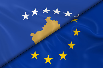 Flags of Kosovo and the European Union Divided Diagonally - 3D Render of the Kosovan Flag and EU Flag with Silky Texture