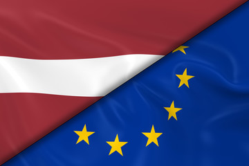 Flags of Latvia and the European Union Divided Diagonally - 3D Render of the Latvian Flag and EU Flag with Silky Texture