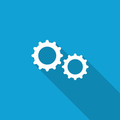 Flat Gears icon with long shadow on blue backround