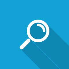 Flat Magnifying Glass icon with long shadow on blue backround