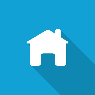 Flat Home icon with long shadow on blue backround