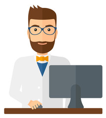 Pharmacist standing at counter.