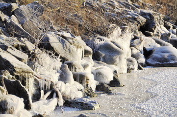 Icicles on stones next to a frozen water