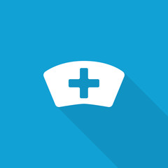 Flat Nurse icon with long shadow on blue backround