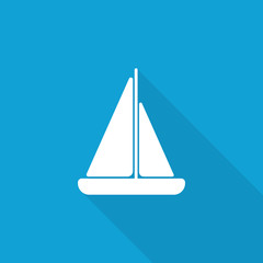 Flat Sailboat icon with long shadow on blue backround