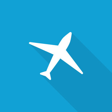 Flat Airplane icon with long shadow on blue backround