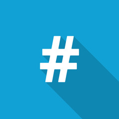Flat Hashtag icon with long shadow on blue backround