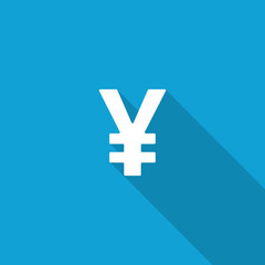 Flat Yen icon with long shadow on blue backround