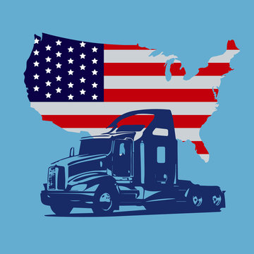 semi truck, map of USA, icon, vector illustration