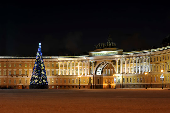night view of Christmas tree on Palace square in St. Petersburg,
