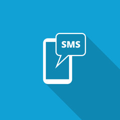 Flat Sms icon with long shadow on blue backround