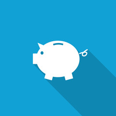 Flat Piggy Bank icon with long shadow on blue backround