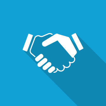 Flat Handshake Agreement icon with long shadow on blue backround