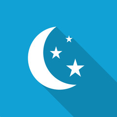 Flat Moon And Stars icon with long shadow on blue backround