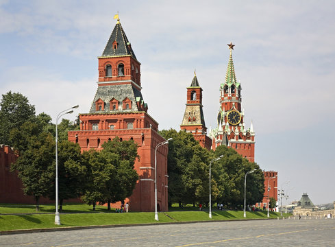 Konstantino-Eleninskaya, Nabatnaya, Spasskaya and Tsarskaya towers of Moscow Kremlin. Russia