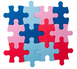concept of promiscuous sexual relations. red and pink puzzle pieces symbolize women and girls, dark blue and blue puzzle pieces symbolize men and youths. Isolated on white background