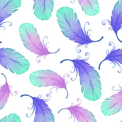 Watercolor seamless pattern with bird feathers.