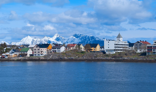 Town Svolvaer on Lofoten islands in sunny summer day