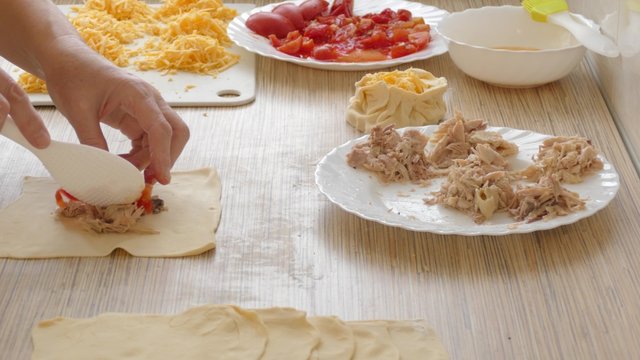 filling pies food ingredients-chicken meat, cheese, tomatoes and forming of patties stuffed