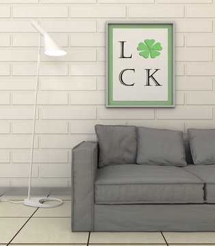 St. Patrick's Day poster. Irish wedding gift idea. Four leaf clover shape. Luck, Love, family, home, happiness concept.