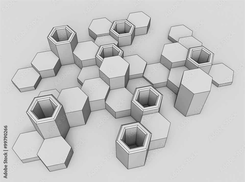 Poster Abstract background of hexagons. Voluminous shapes. The bright monochrome range. Modern hexagonal elements in a perspective view.