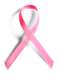 Pink breast cancer ribbon on grey background