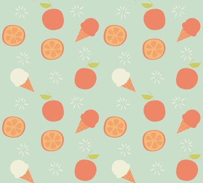 Seamless pattern with hand drawn orange fruit and ice cream