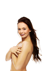 Obraz premium Attractive brunette topless woman with long hair