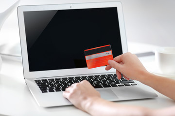 Fototapeta na wymiar Female making online payment, close up