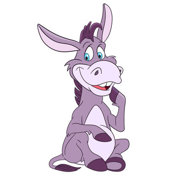 funny and happy cartoon donkey is sitting and smiling
